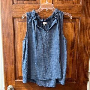 Wonderly Blue Ruffled Tie Front Sleeveless Blouse